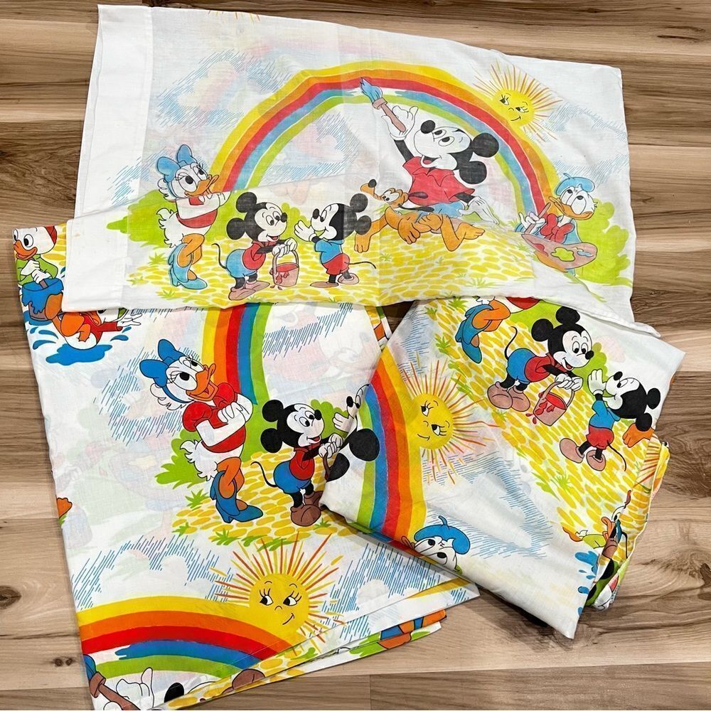 Vintage Disney Mickey Mouse Painting Rainbow Twin Sheet Set